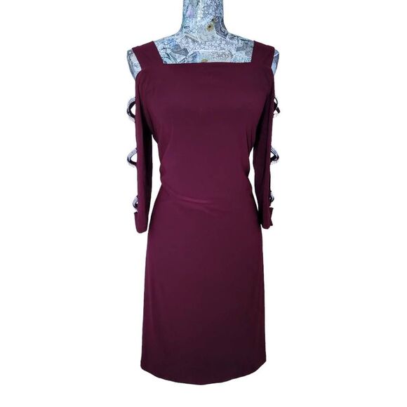 Formal Rhinestone Cold Shoulder Burgundy Red Sexy Cocktail Party Evening  Dress - Picture 15 of 15